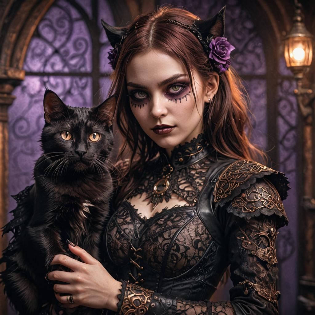 Gothic Girl Cuddles Demon Cat in Fantasy Illustration