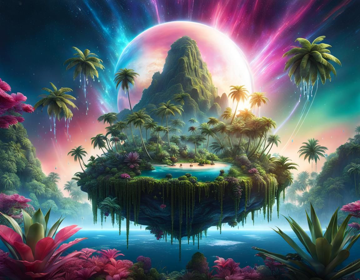 Tropical Island Floating in Space: Double Exposure 3D Render