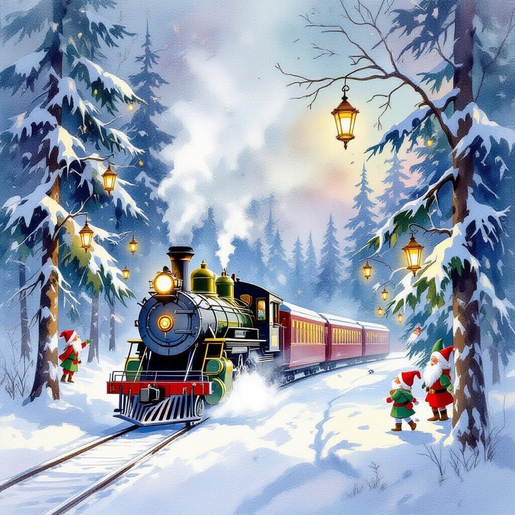 Magical Polar Express Train in Snowy Landscape Painting