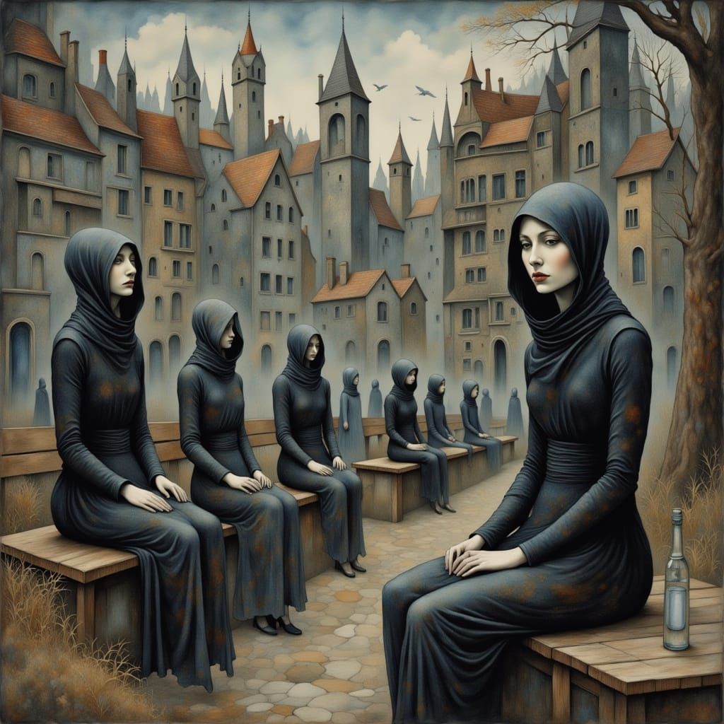 Surreal Townspeople with Hoods and Towers