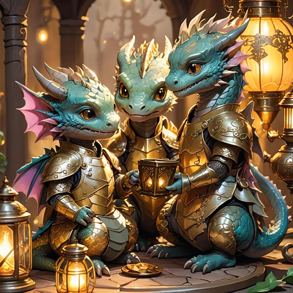baby dragons in plate armor trying to figure out how to work a lantern