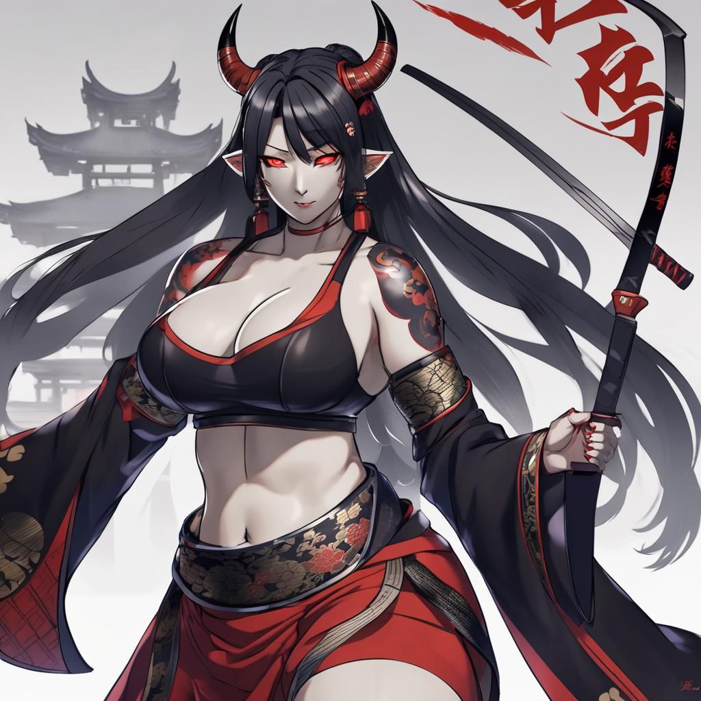 Beautiful Curvy Female Oni in Anime Style
