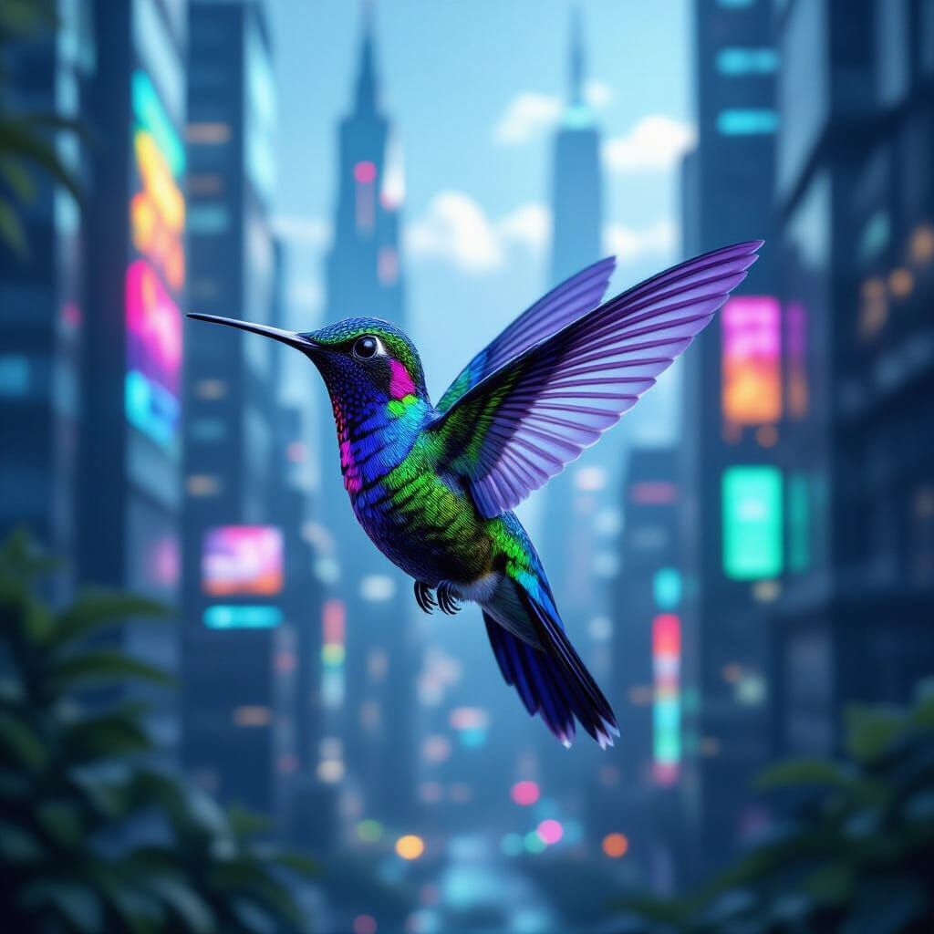 Bioluminescent Hummingbird in Futuristic Cityscape