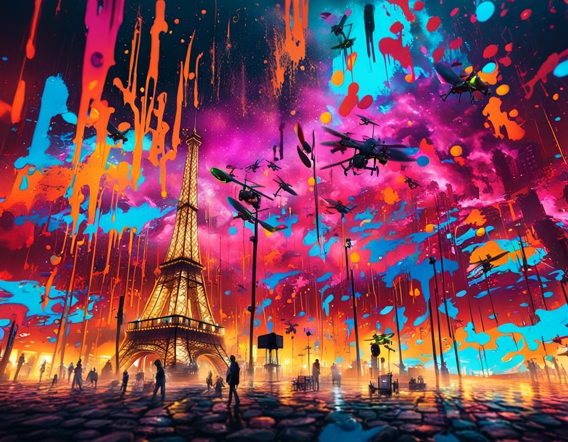 Vibrant Nighttime Drones in Paris Graffiti Scene