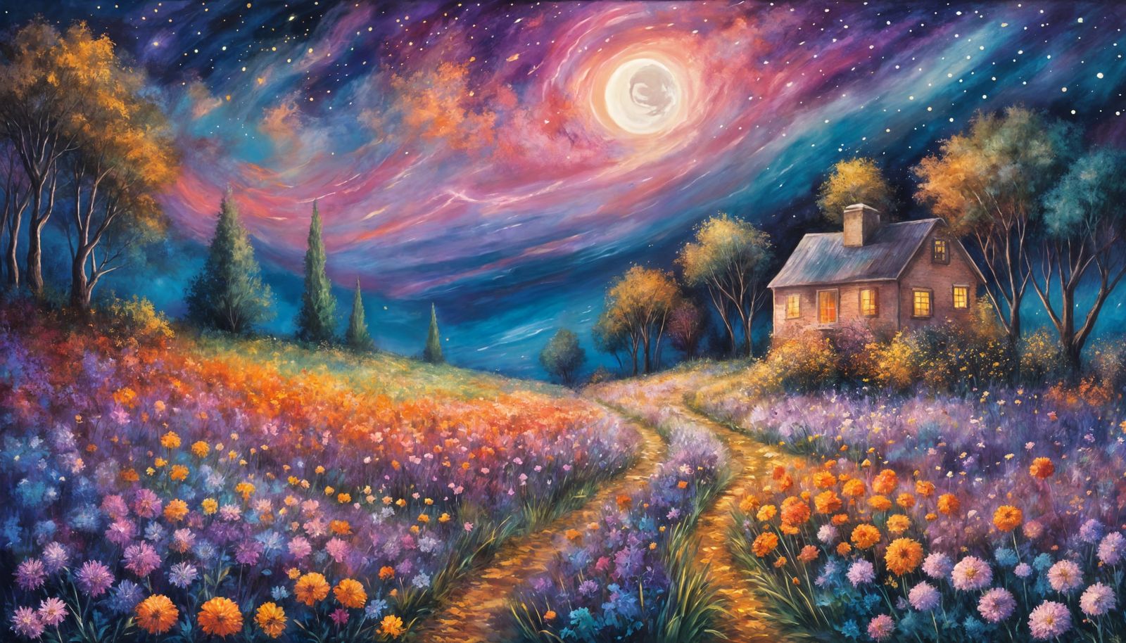 Whimsical Nighttime Landscape with Fireworks