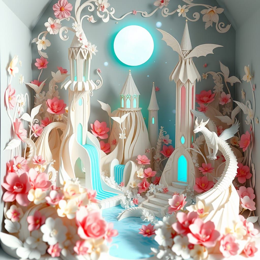 Floral 3D Paper Scene with Magical Creatures