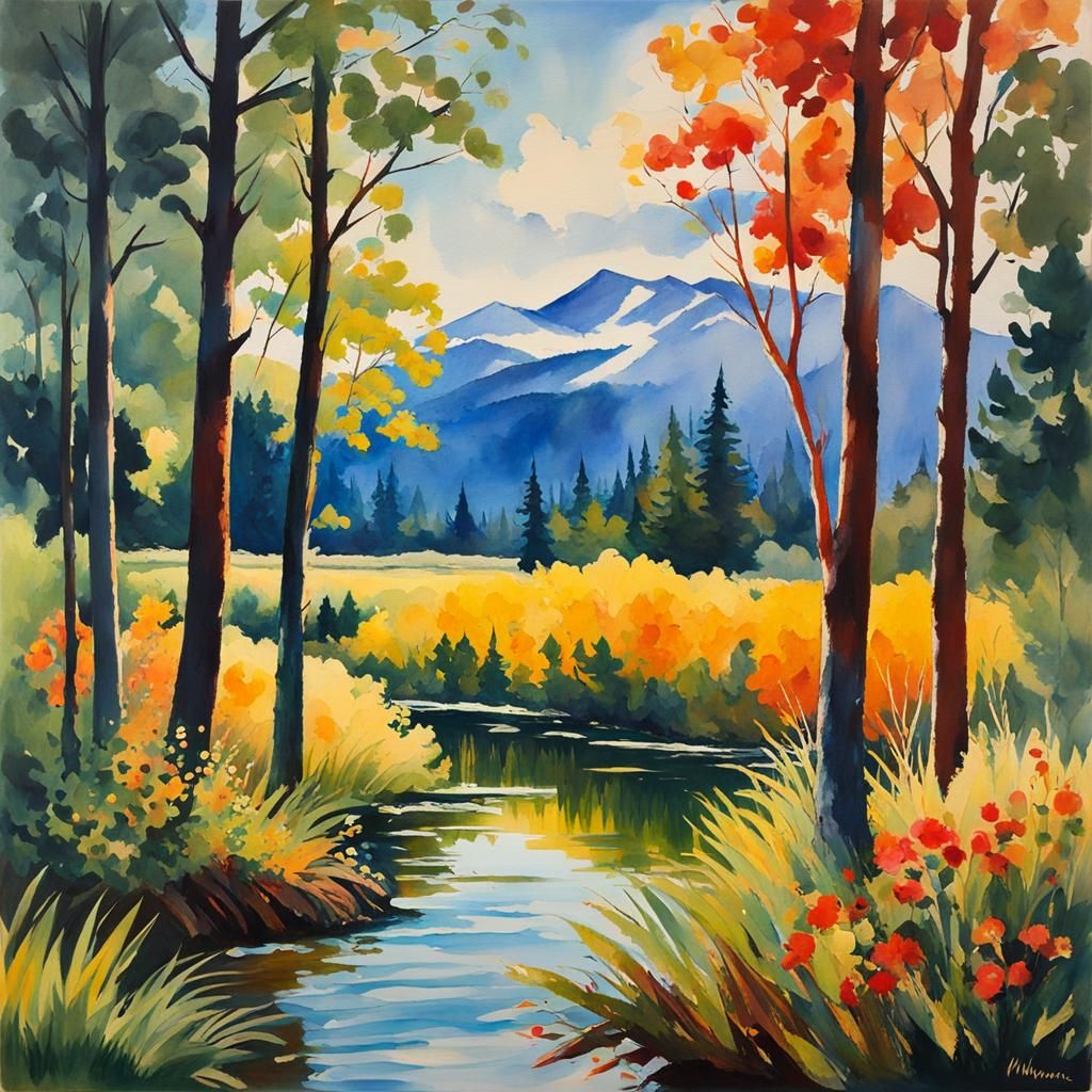 Gouache Style Nature Scene in Watercolor