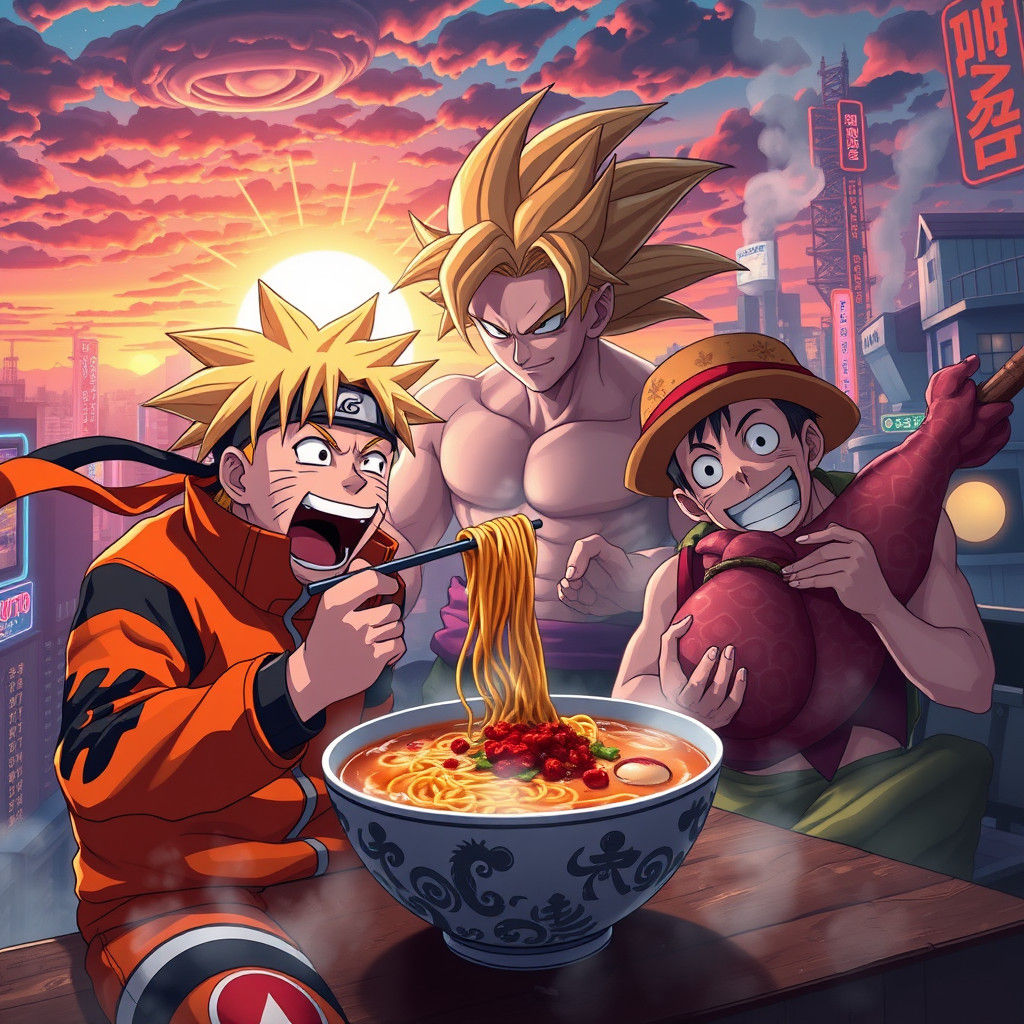 Anime Superstars Enjoying Dinner in Neon Cityscape