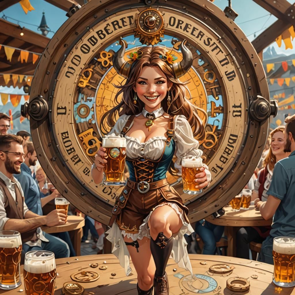 Oktoberfest Cartoon with Clockwork and Beer