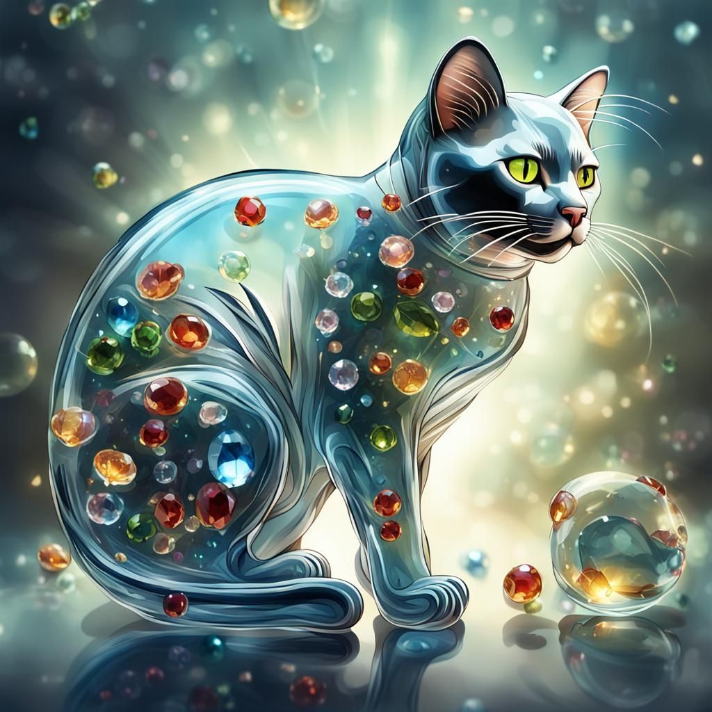 Whimsical Glass Cat with Gems in Hyper-Realism Style