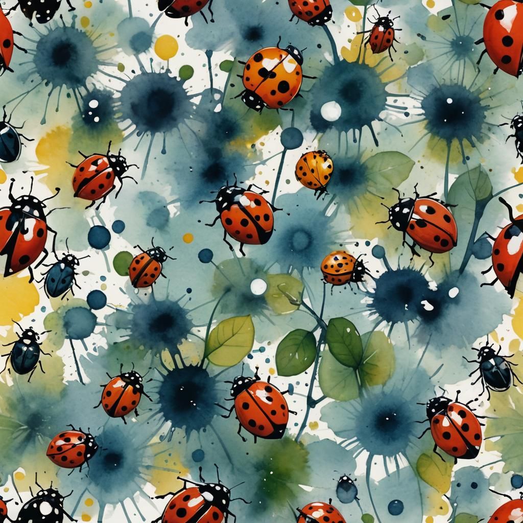 Surreal Ladybug Illustration in Colorful Ink Wash