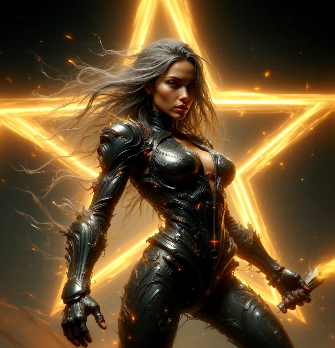 Portrait of a woman in metallic black suit a background of a electric yellow star with a energy knife