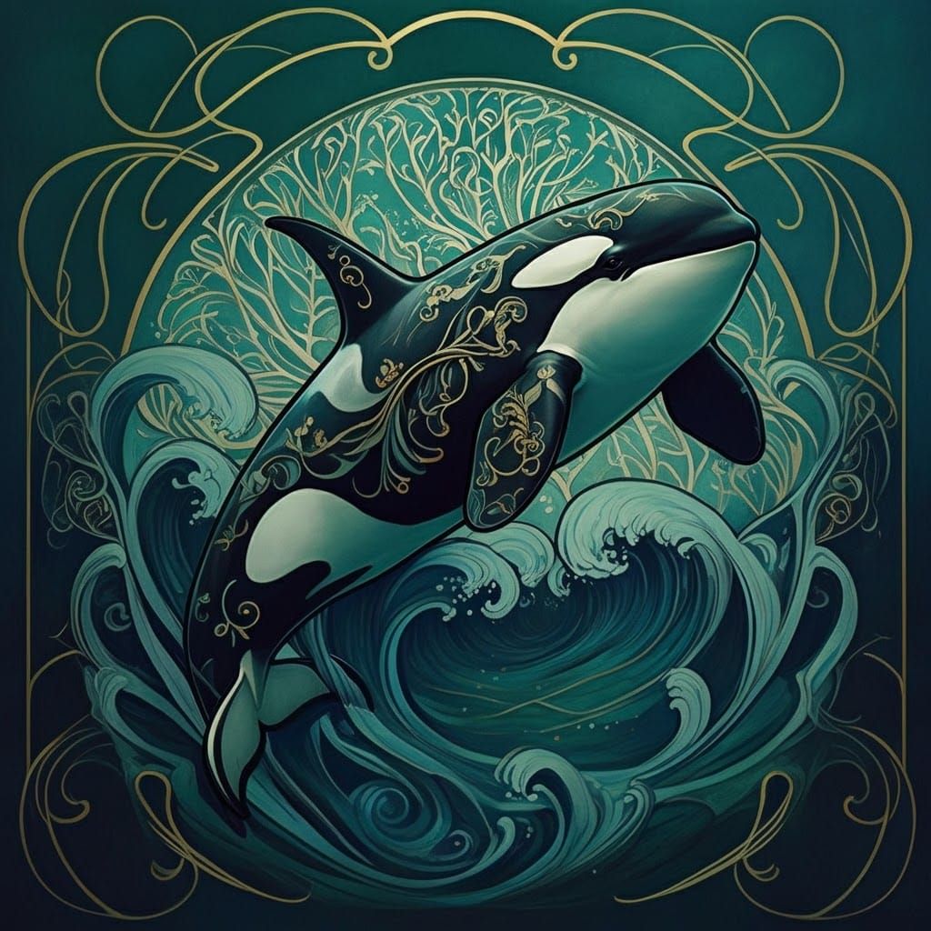 Elegant Orcas in Art Nouveau Style