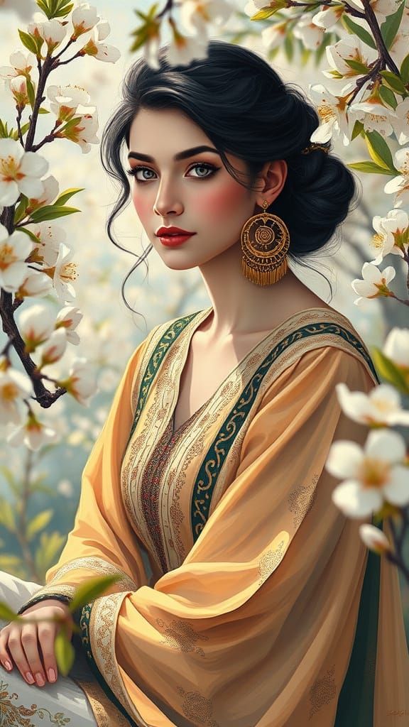 Iranian Girl in Almond Orchard: Oil Painting