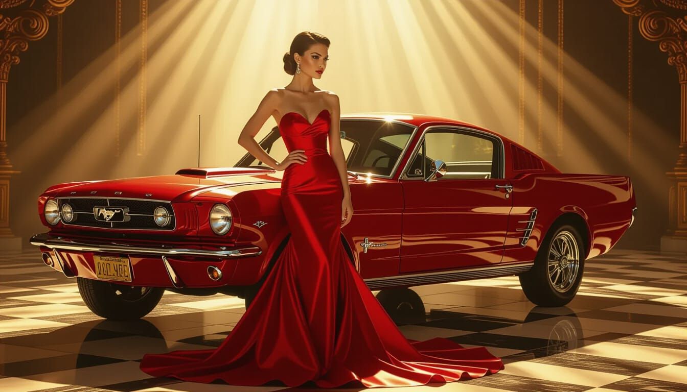 Baroque Woman in Red Gown with Chrome Mustang