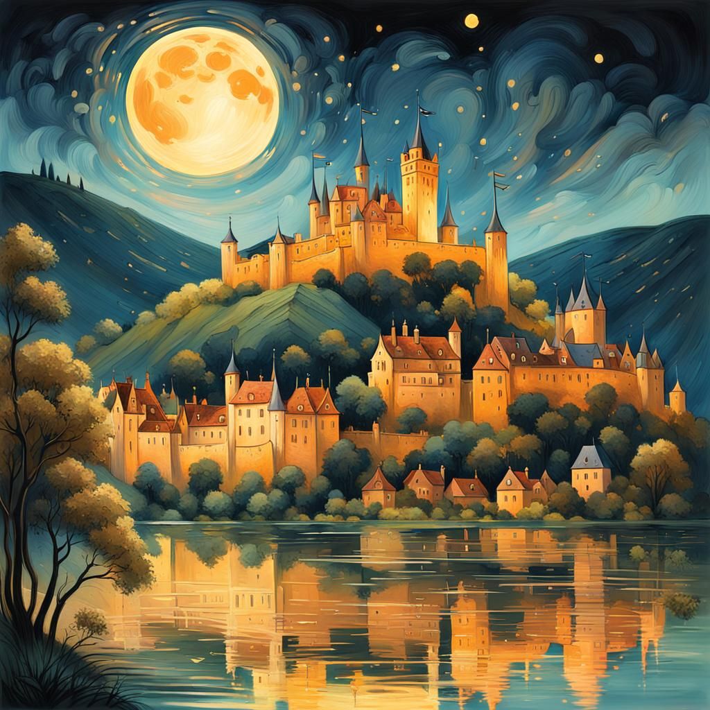 Whimsical Lake Village under Moon in Art Nouveau Style