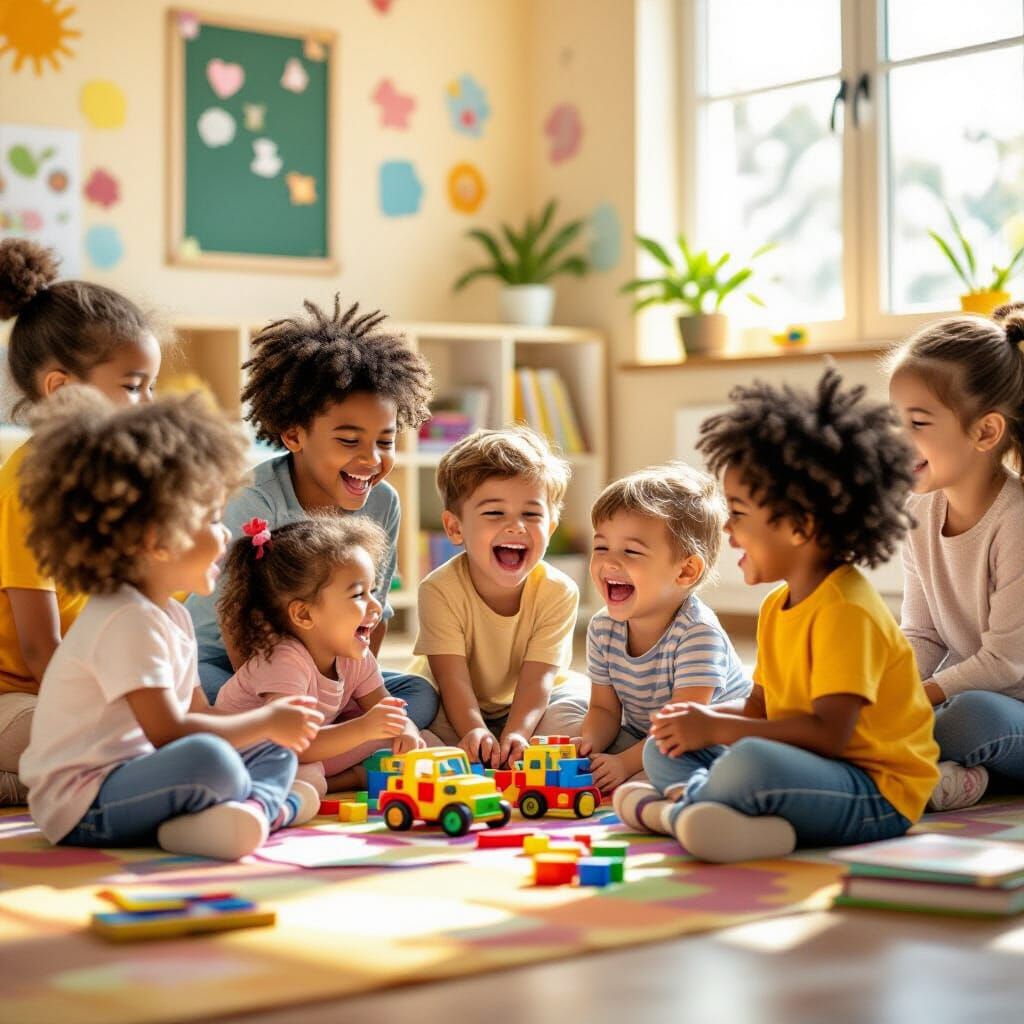 Diverse Children Sharing Toys in Sunny Classroom
