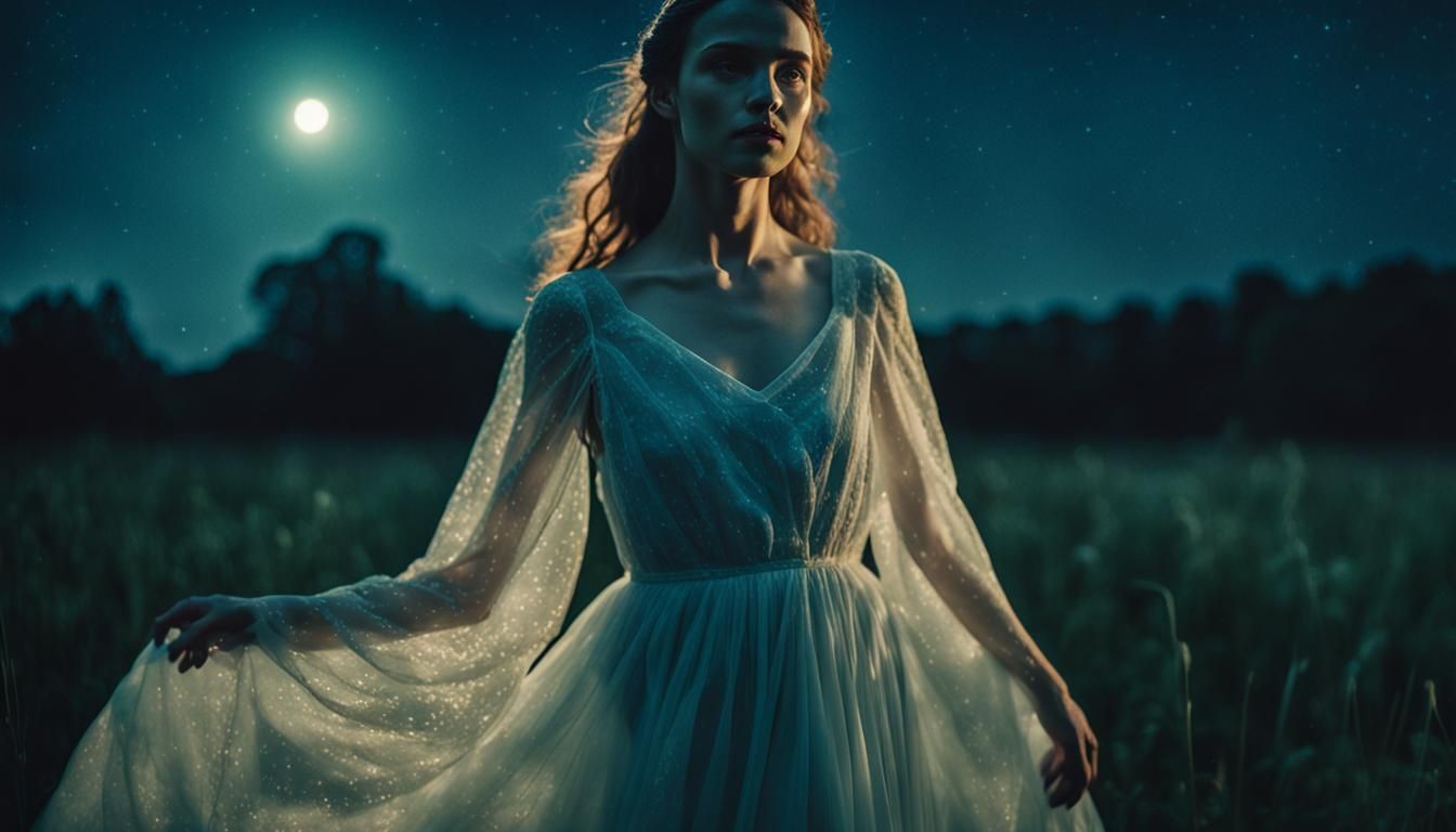 Moonlit Meadow: Cinematic Portrait of a Woman