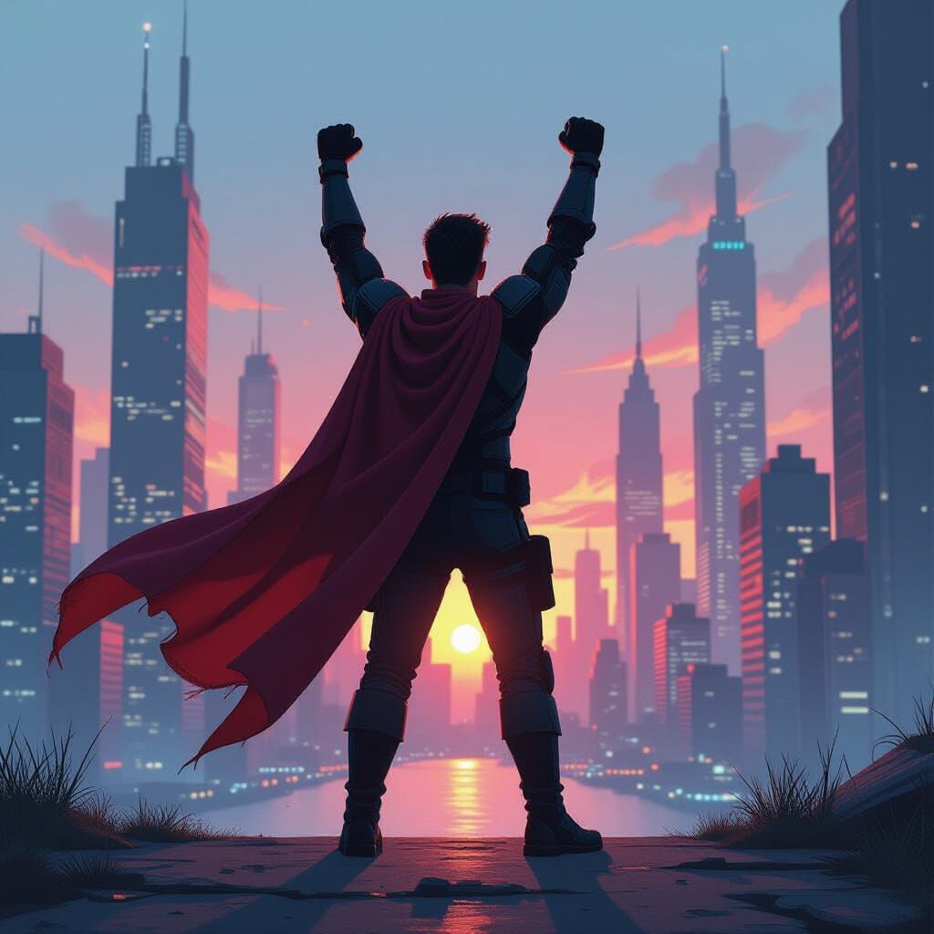 Heroic Figure in Dystopian Cityscape Digital Art