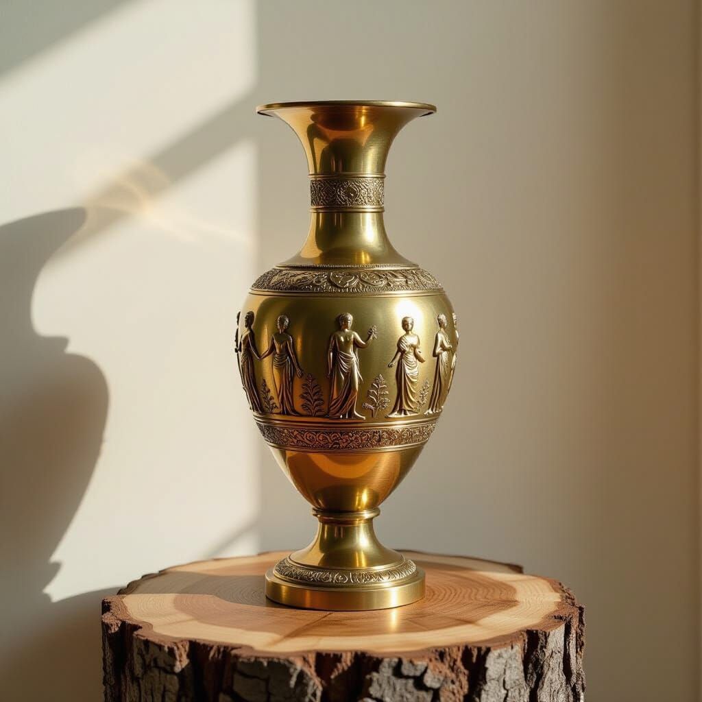 Brass Vase with Relief Art on Tree Stump