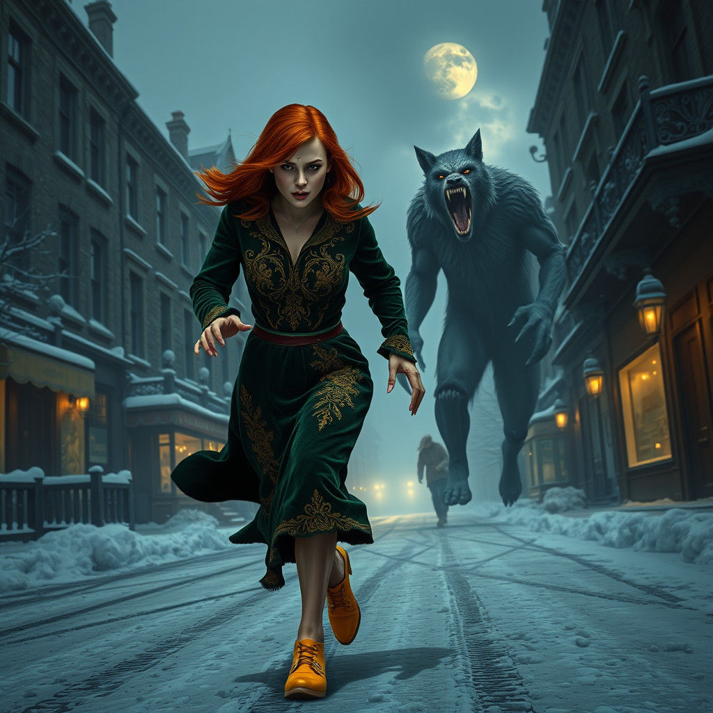 Woman Fleeing Werewolf in Gothic City
