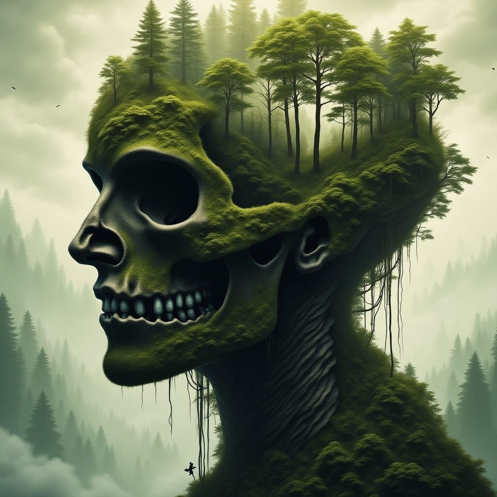 Skull and Forest Digital Art with Human Silhouette