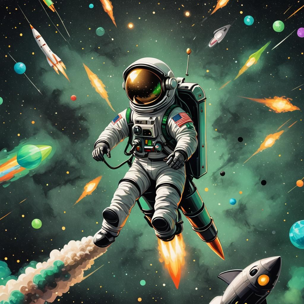 A playful design with a cheerful cute astronaut riding a roc...