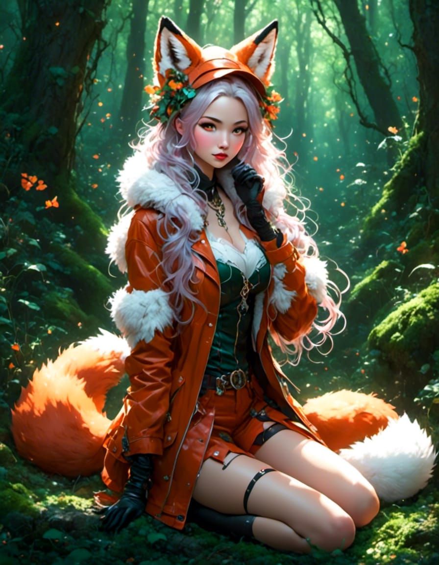 Stunning Fox-Woman in Forest, Hyperreal Style
