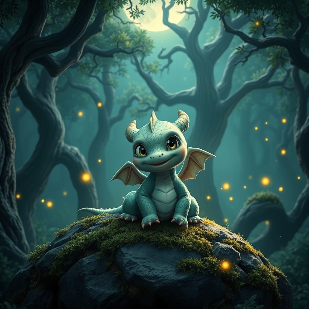Fantasy Dragon in Moonlit Forest