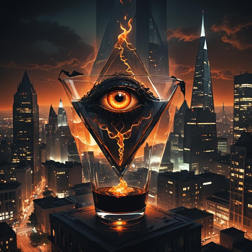 Ominous Eye Brain Glass Shape in Dark Fantasy Cityscape