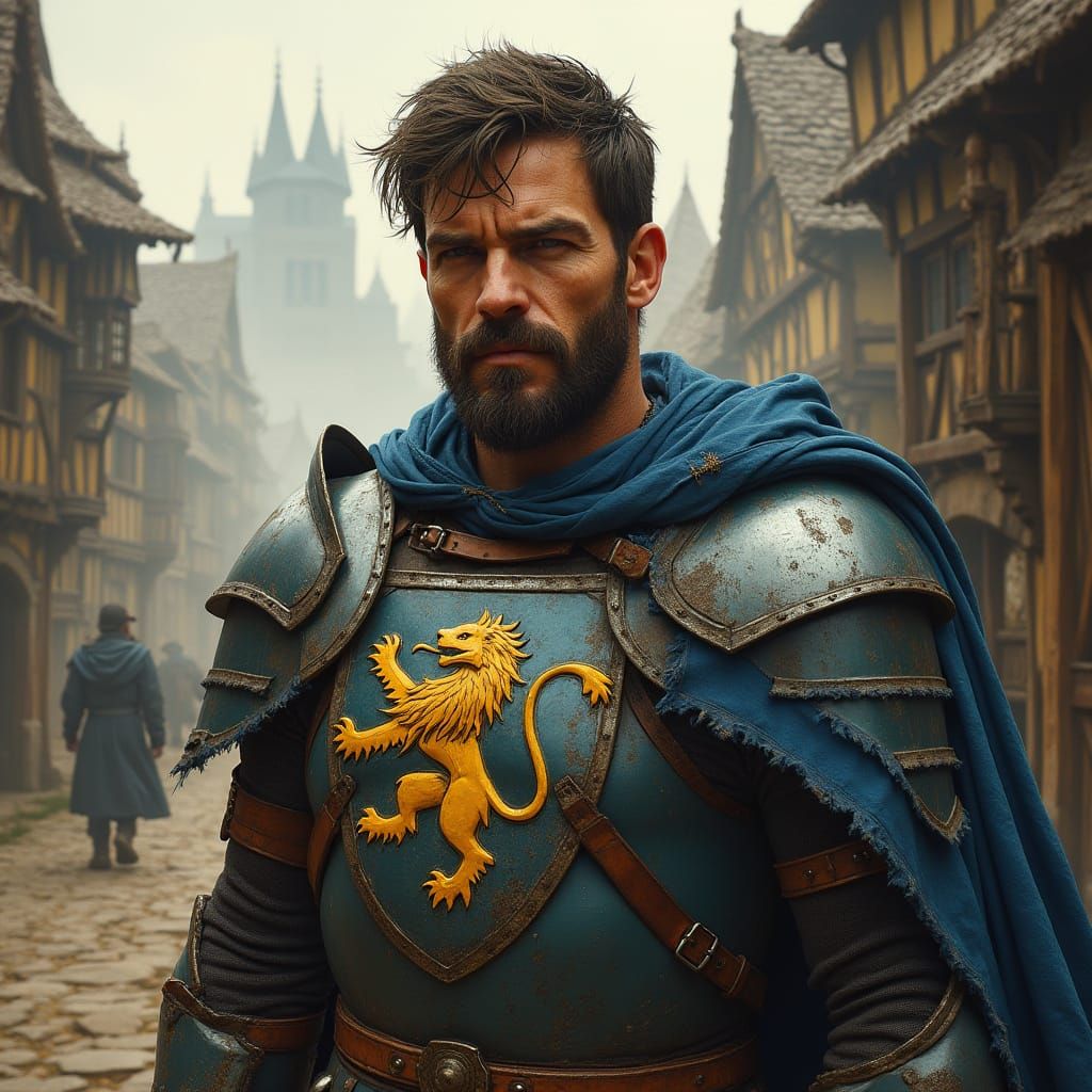 Medieval Guardian in Weathered Armor, Set Against a Muted Ci...