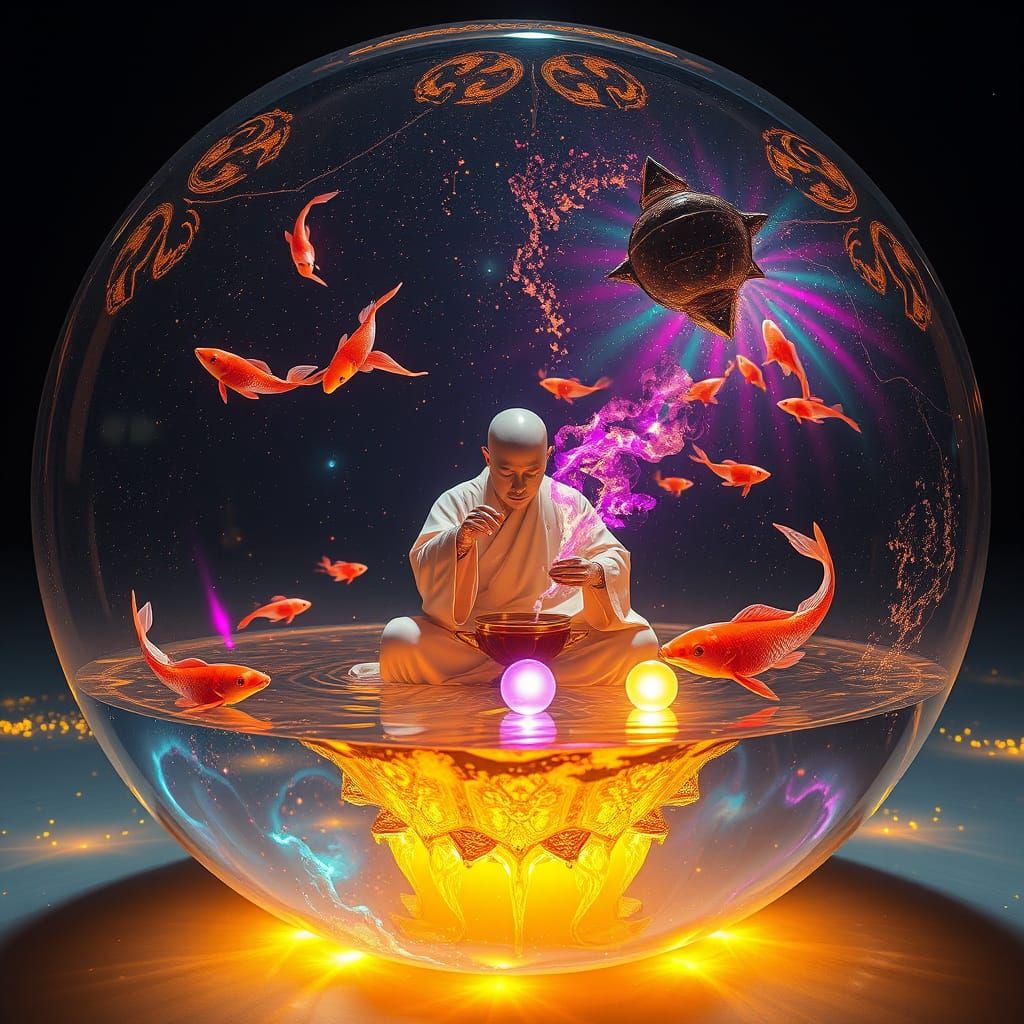 Robotic Monk Pours Galaxy Ink in Starlight Void