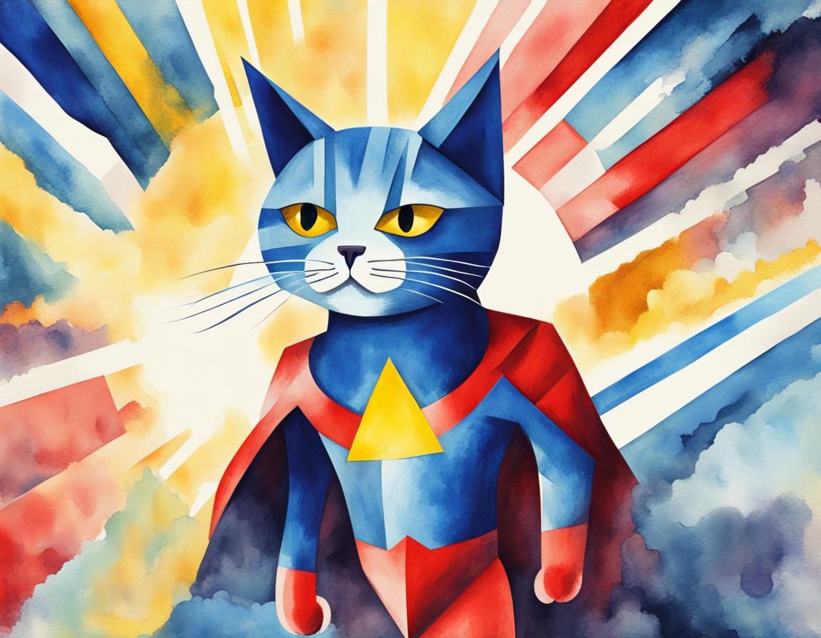 Neo-Cubist Superhero Cat in Watercolor Sci-Fi Style