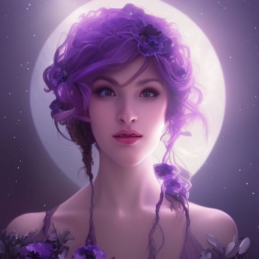 Luminous Princess Portrait with Purple Flowers, Art Nouveau ...