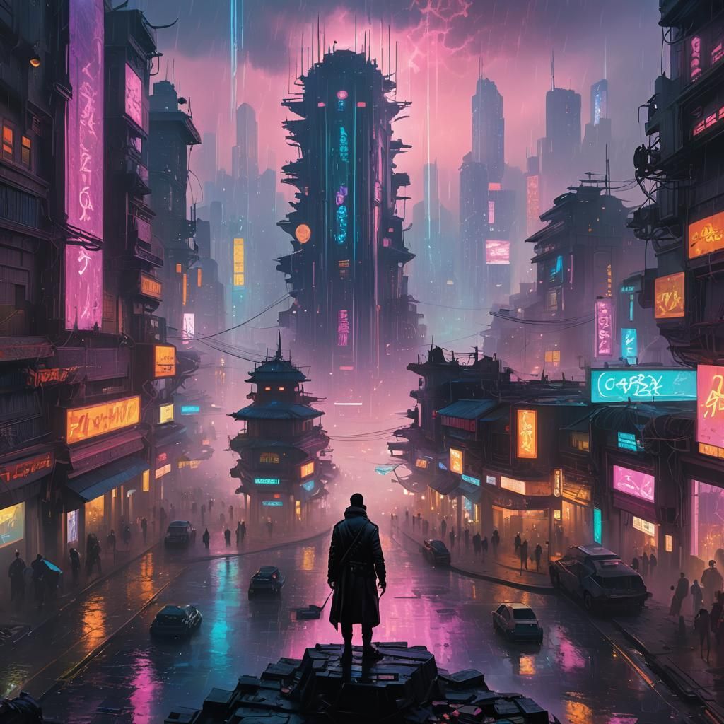 Ethereal Neo-Impressionist Wanderer in Cyberpunk Mist