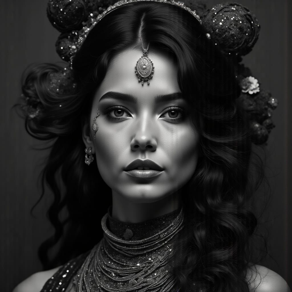 Peruvian Woman Portrait in Charcoal Black and White