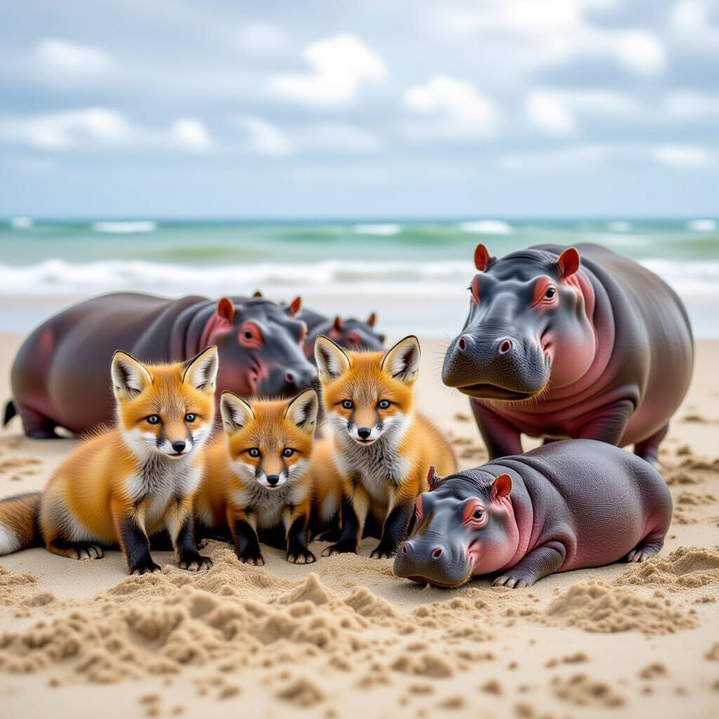 Realistic Baby Foxes and Hippos on a Vibrant Beach