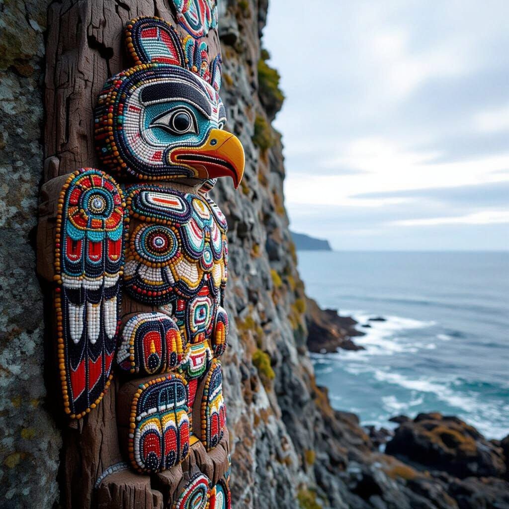 Beaded Totem Pole on Ocean Cliff