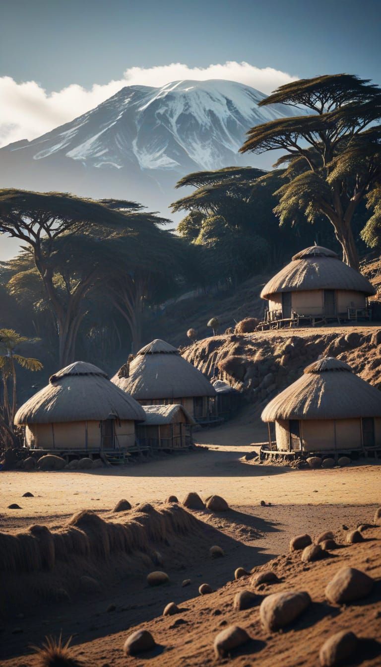 Winter Huts in African Village near Kilimanjaro