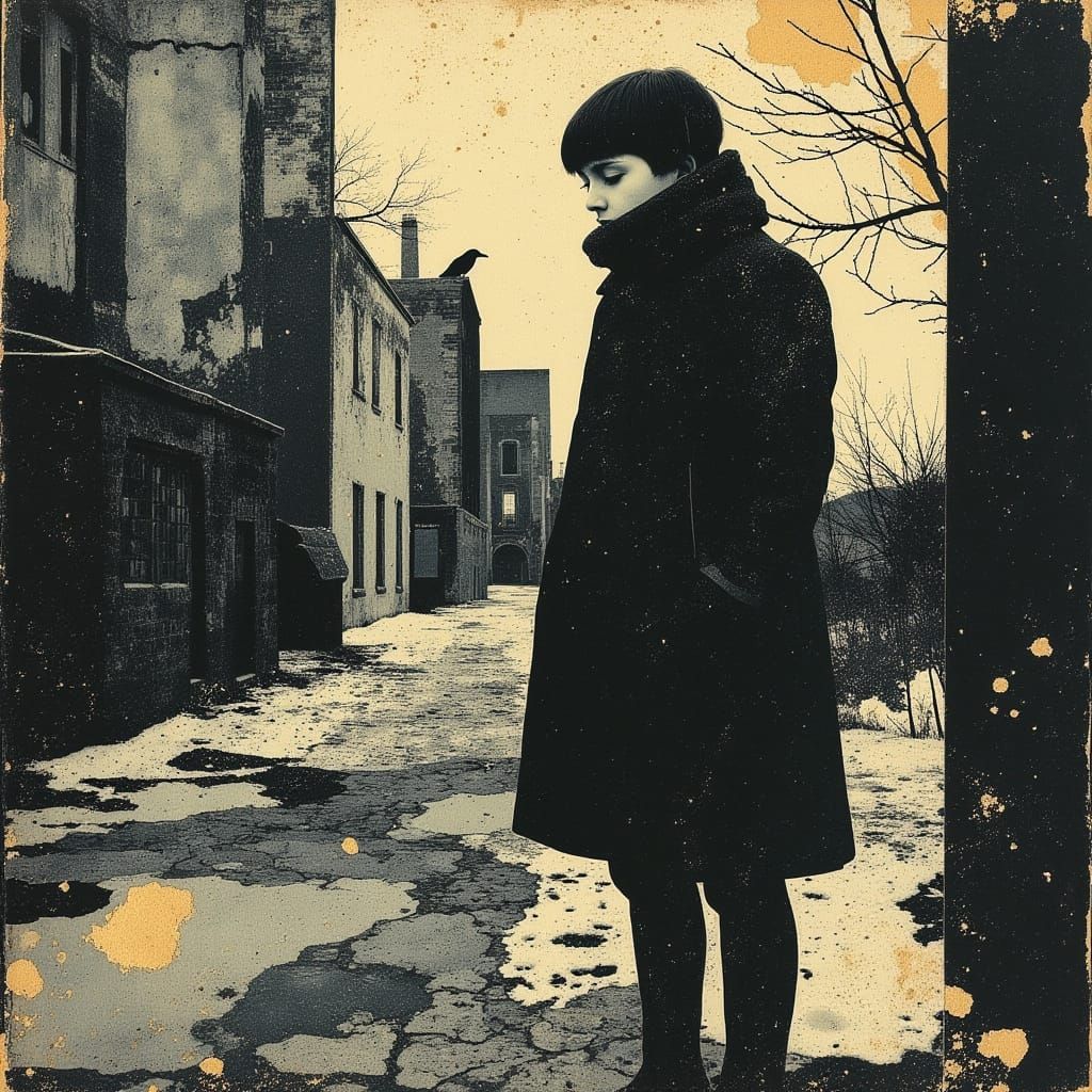 Muted Autumn Landscape with a Young Boy in a Somber Mood