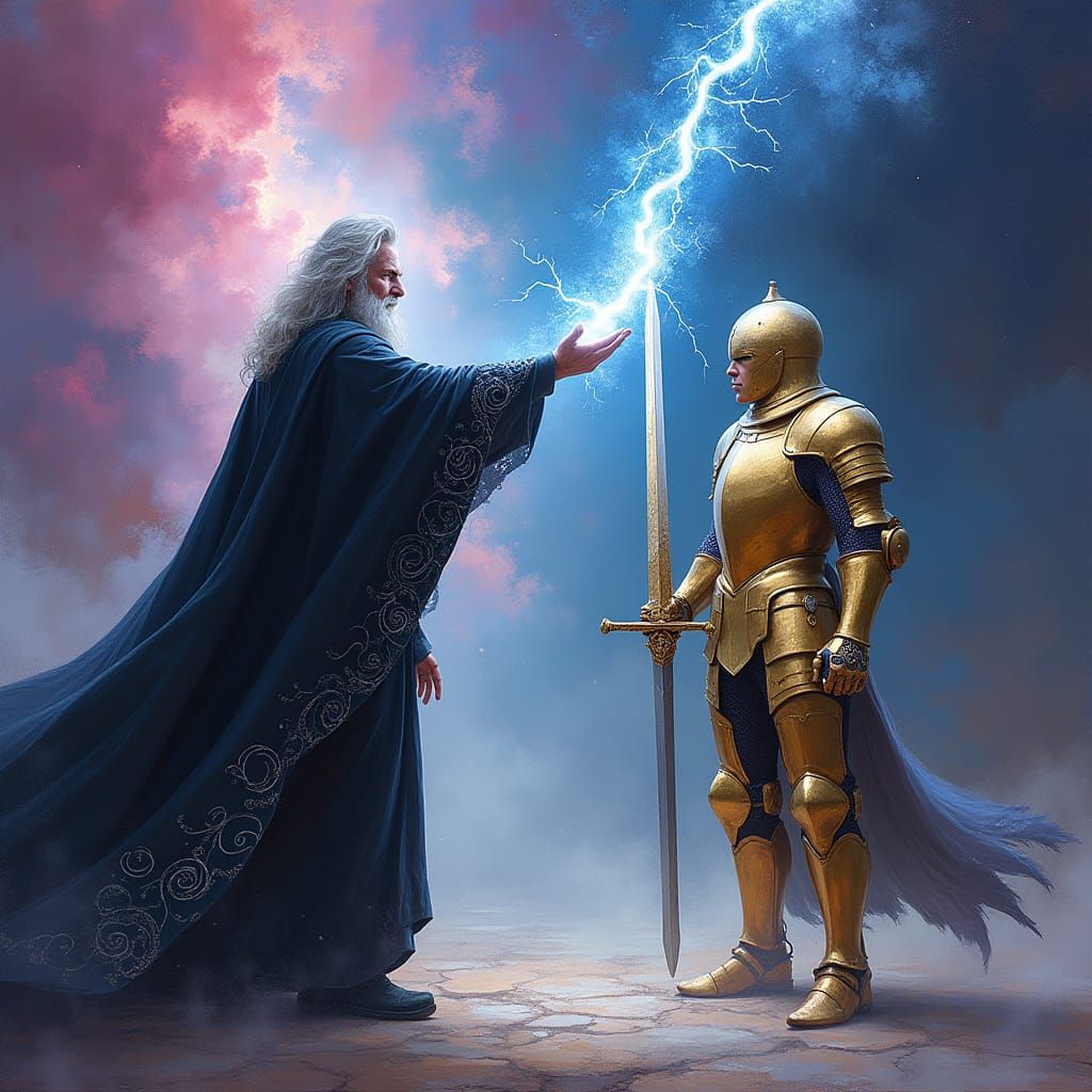 A sorcerer launching lightning at a knight in golden armor with his sword drawn out 8k resolution holographic astral cos...