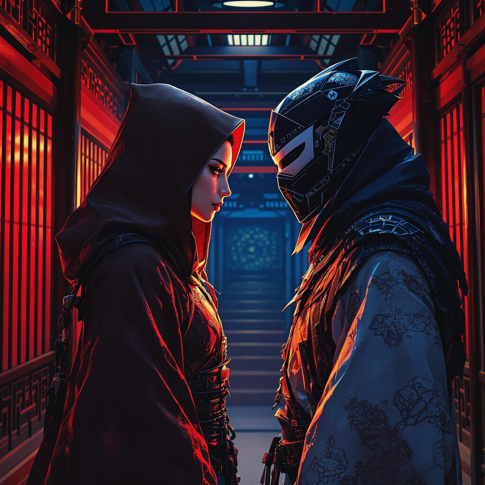 Ninja Encounter in Castle Corridor: Hyperrealistic Concept A...