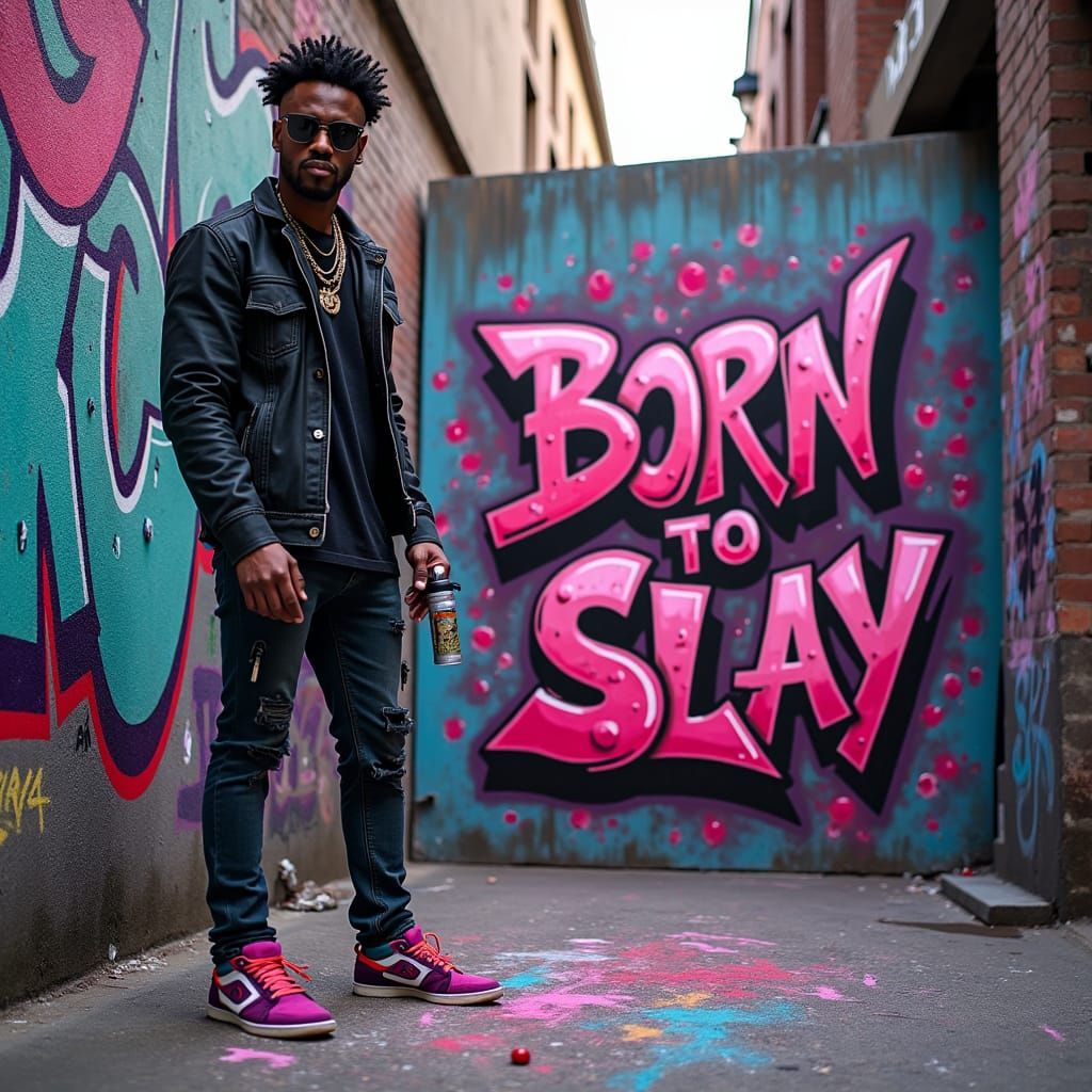 Trendy Street Artist Creating Graffiti in Cyberpunk Style