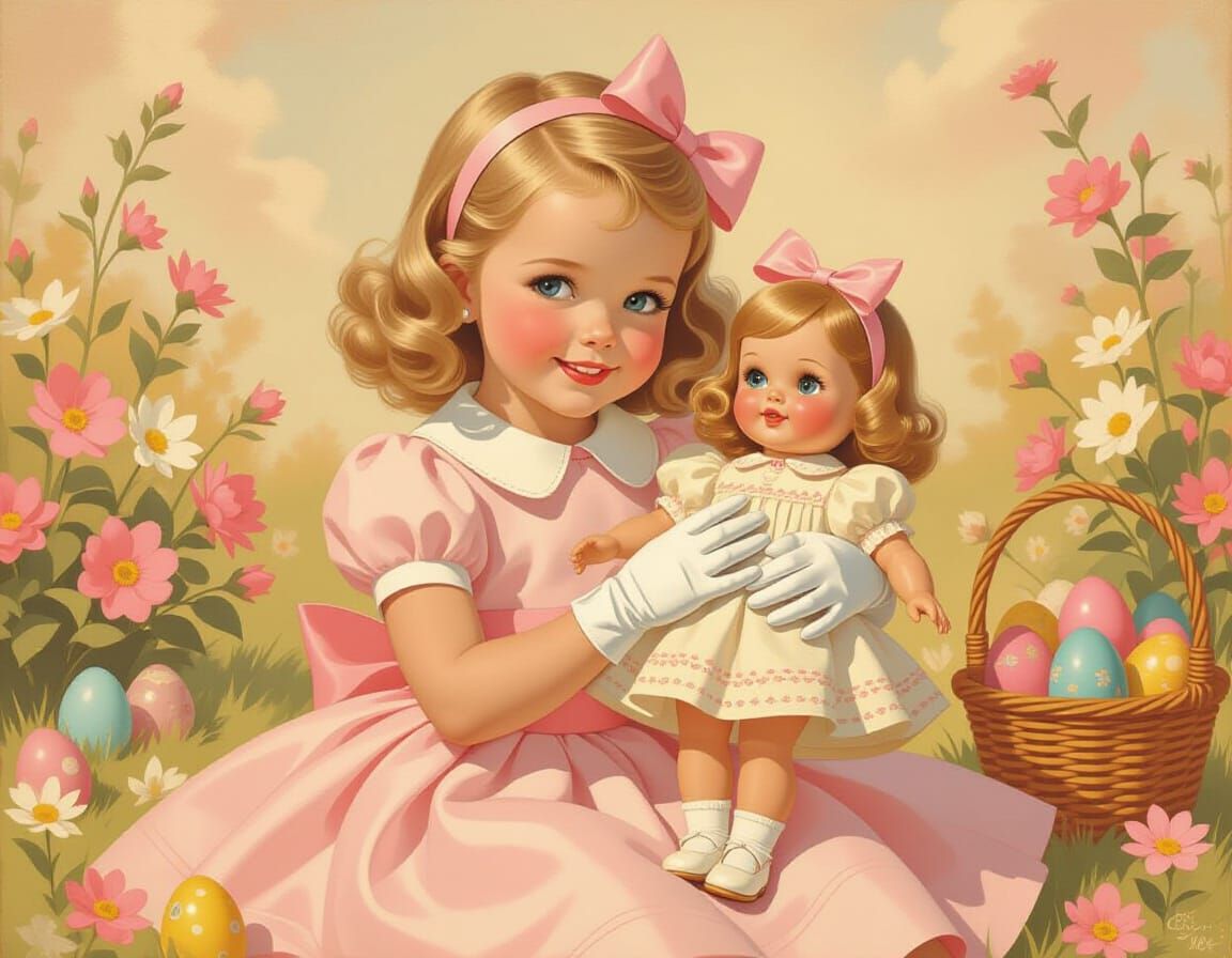 Girl with Doll in Sunny Easter Garden