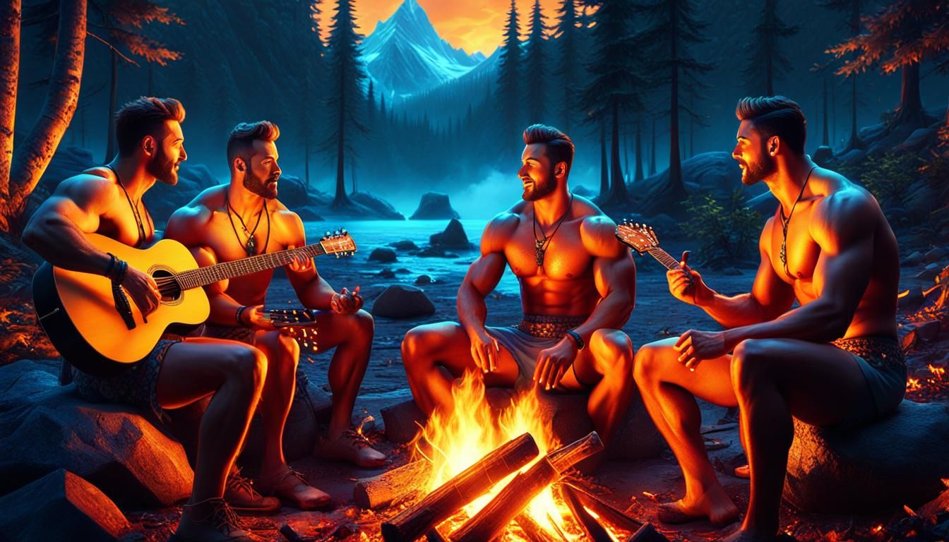 Men Singing Around Campfire in Forest: Fantasy Art