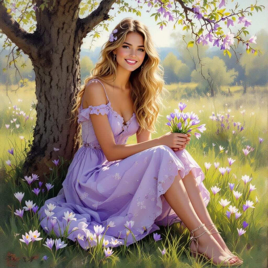 Blonde Woman with Crocuses, as Oil Painting