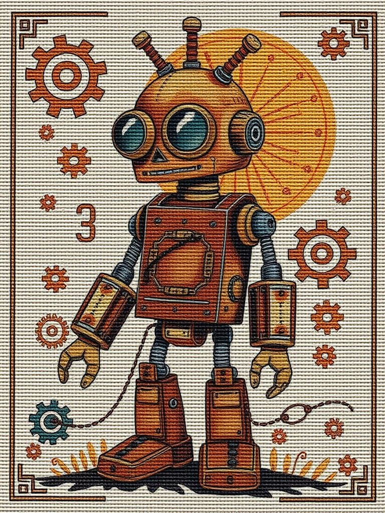 Steampunk Robot Cross-Stitch Folk Art Design