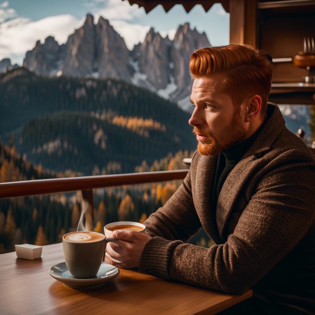 Gay Man Enjoying Coffee in the Dolomites