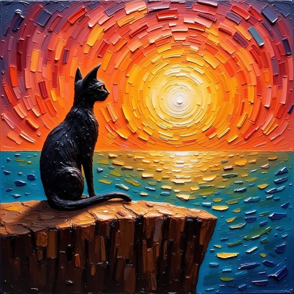 Cat Observes Sunrise: Impasto Acrylic Art