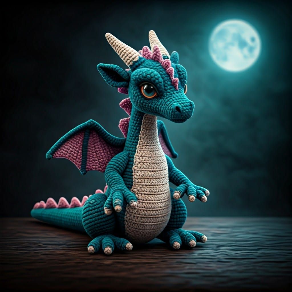 Crocheted Dragon Amigurumi in Hyperrealistic Digital Art